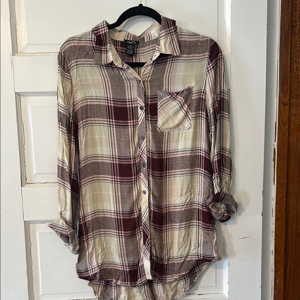 Rue21 Plaid Button Down Shirt - Burgundy and Cream